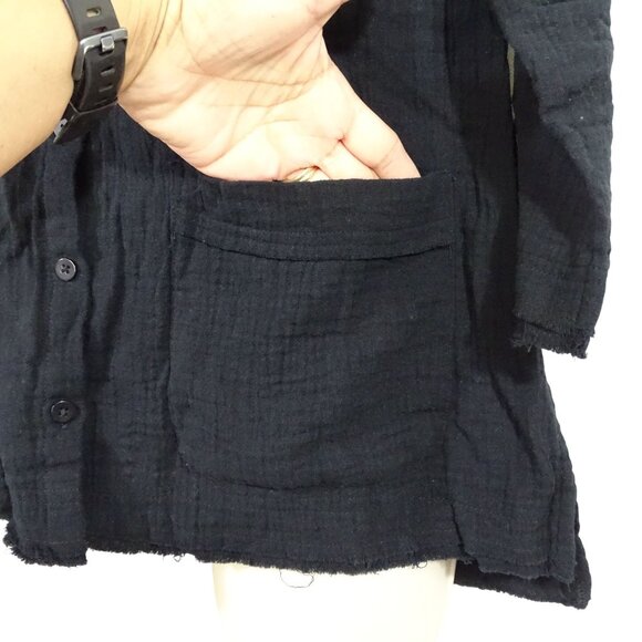 LOGO Lori Goldstein Black Button Front Gauze Top Women Size XXS Pockets Raw Hem - Picture 2 of 10